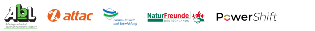 Logos der Organisationen Arbeitsgemeinschaft Bäuerliche Landwirtschaft, attact Deutschland, Forum Umwelt und Entwicklung, Naturfreunde Deutschlands und PowerShift
