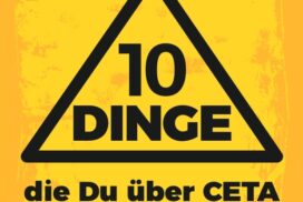 Couverture jaune du flyer avec l'inscription: 10 Dinfes que vous devez savoir sur le CETA