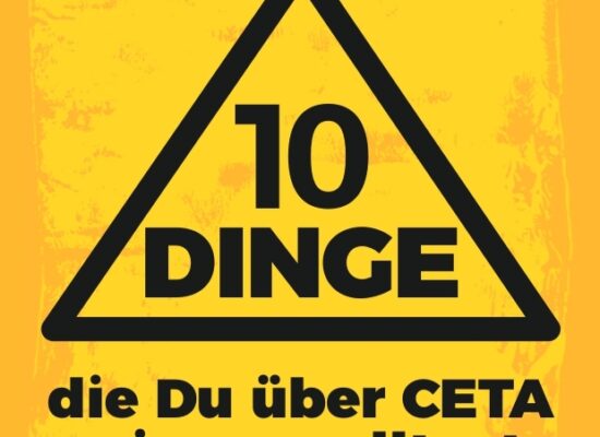 Gelbes Coverbild des Flyers mit der Aufschrift: 10 Dinfe, die du über CETA wissen solltest