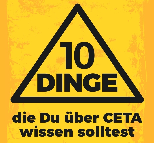 Gelbes Coverbild des Flyers mit der Aufschrift: 10 Dinfe, die du über CETA wissen solltest