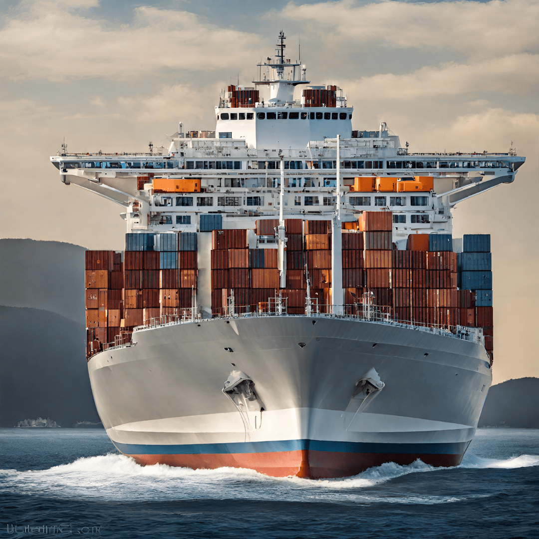 Ein Containerschiff in frontaler Ansicht.
