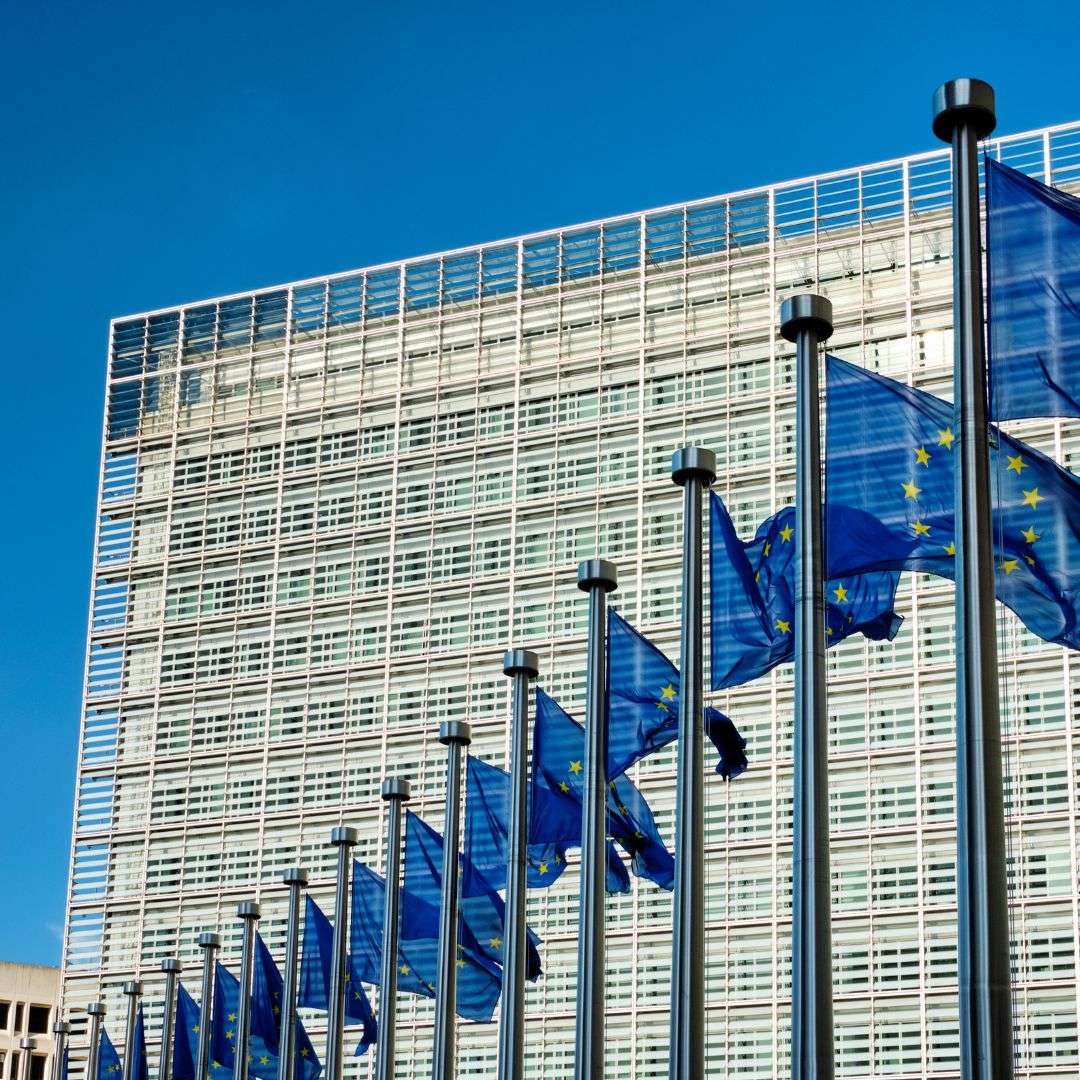 EU flags in front of the European Parliament.