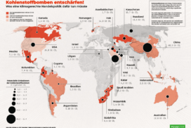 Infoposter: Weltkarte mit "Kohlenstoffbomben" - Mega-Förderprojekten von Kohle, Erdöl oder Erdgas