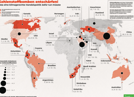 Infoposter: Weltkarte mit "Kohlenstoffbomben" - Mega-Förderprojekten von Kohle, Erdöl oder Erdgas