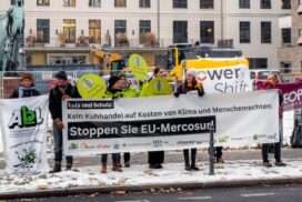 Menschen protestieren gegen das EU-Mercosur Abkommen.